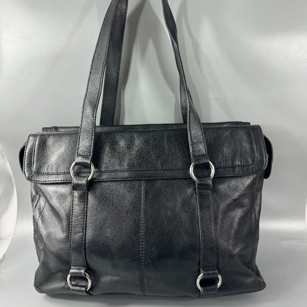 Mancini Black Leather Laptop Women's Shoulder Bag